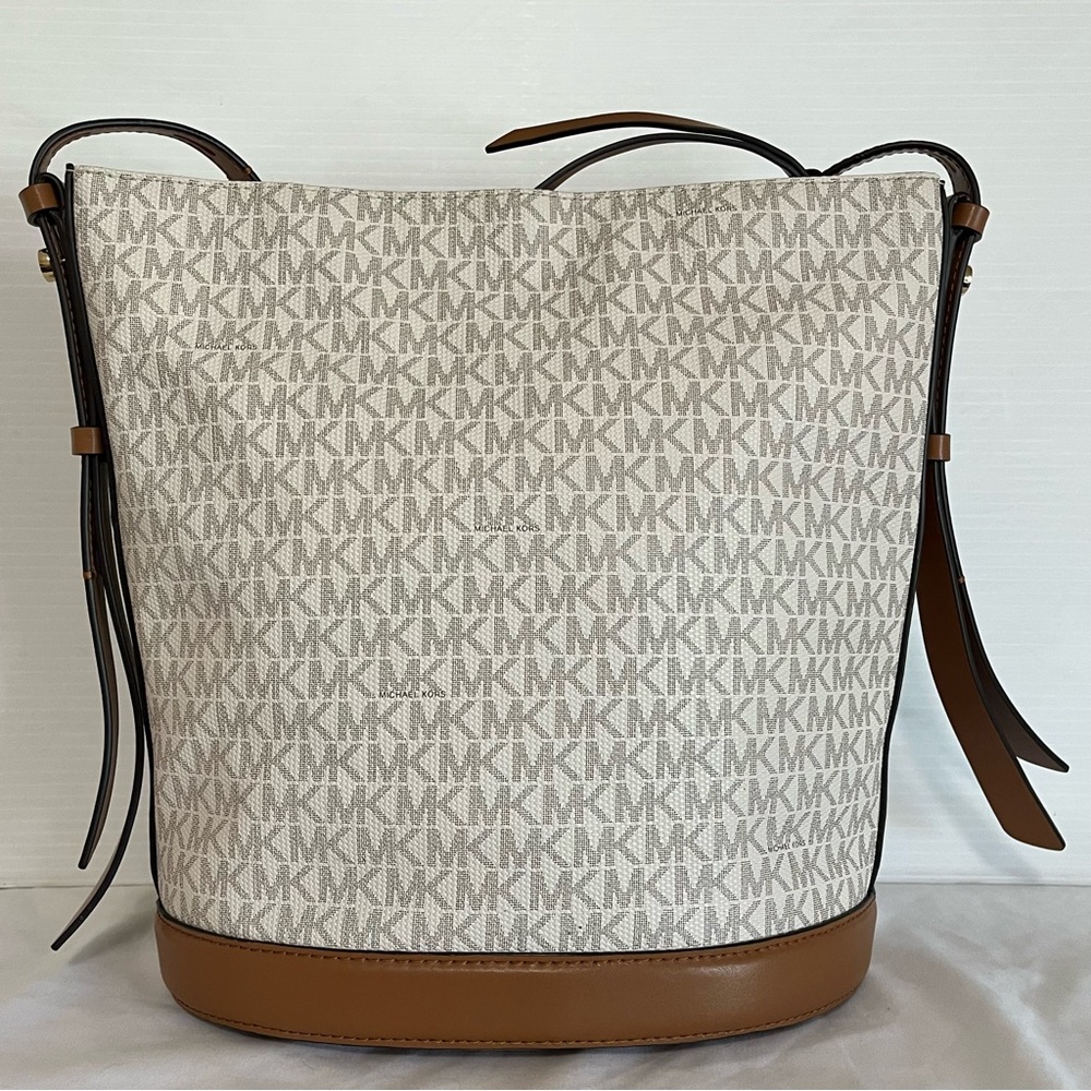 Michael Kors Reese Large Logo Gold Chain Shoulder Bag Cream With Tan Leather - Picture 5 of 16